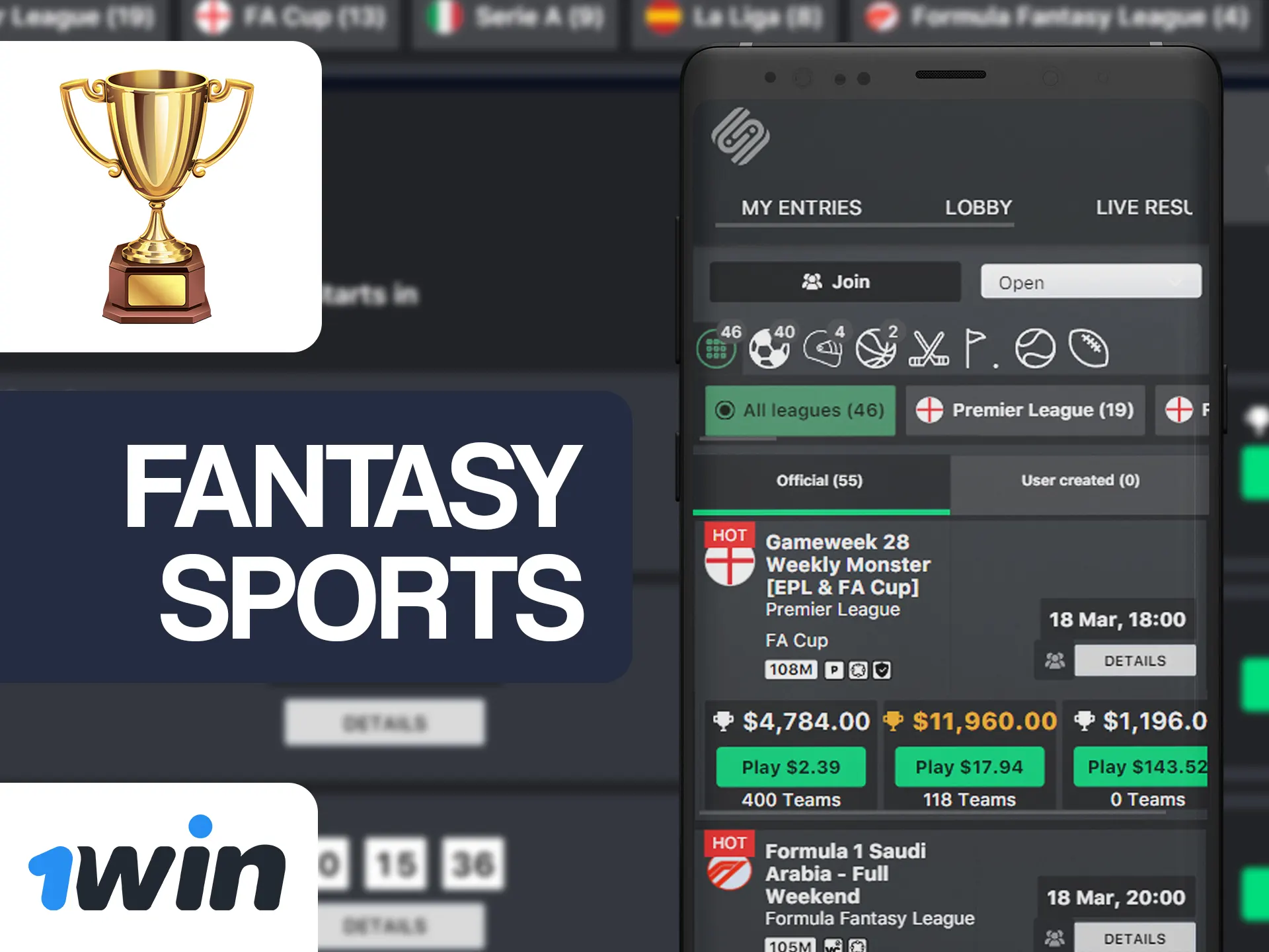 Make sports bets in 1win fantasy league.