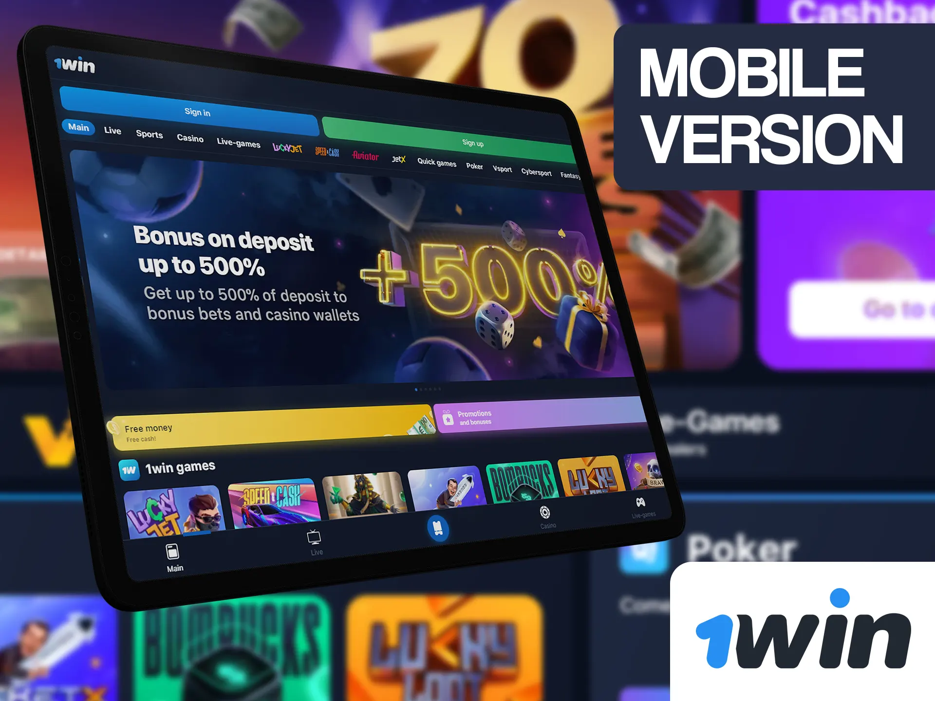 Use mobile version of 1win website on any device.
