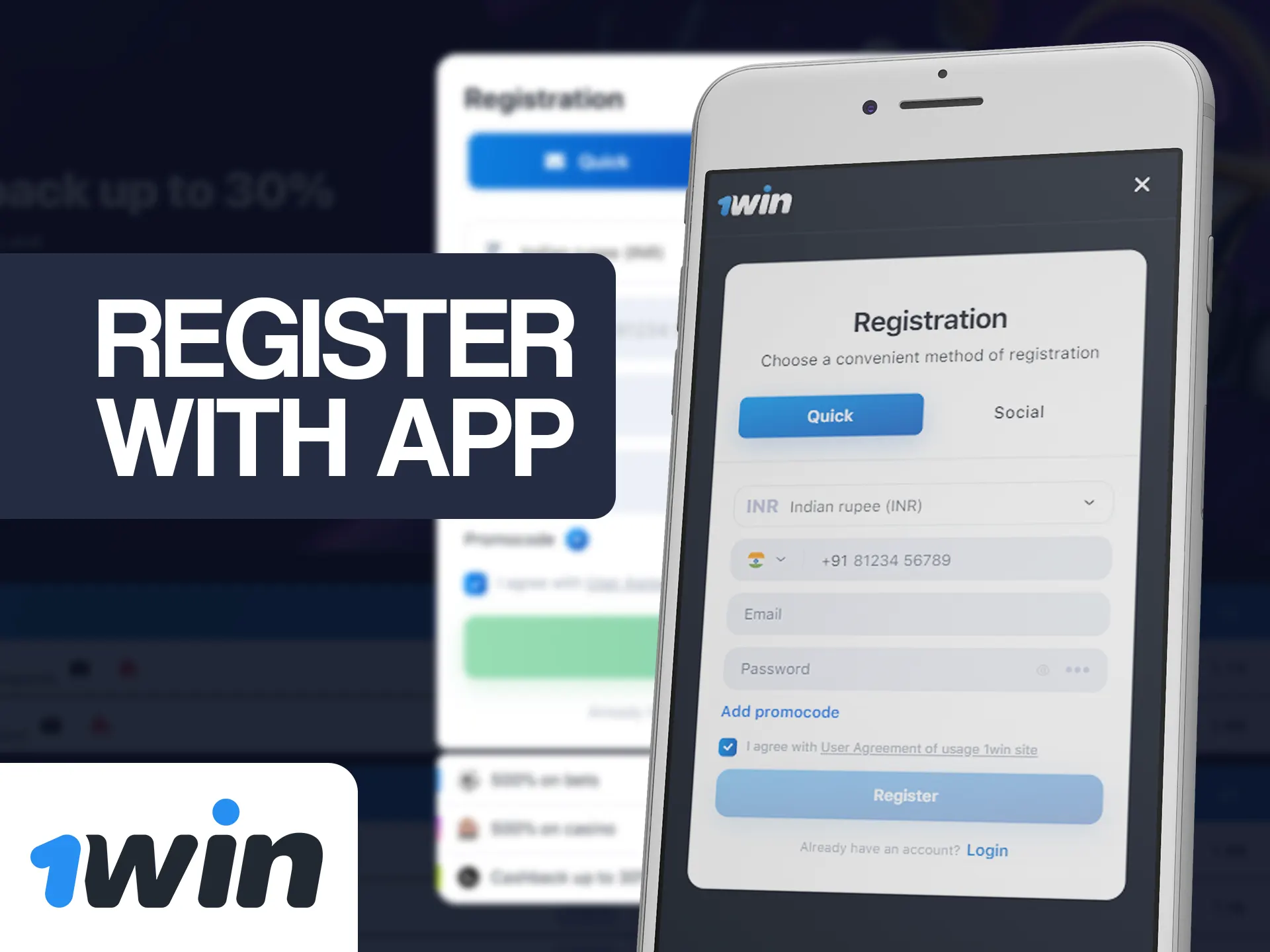 Make new 1win account on special registration page.
