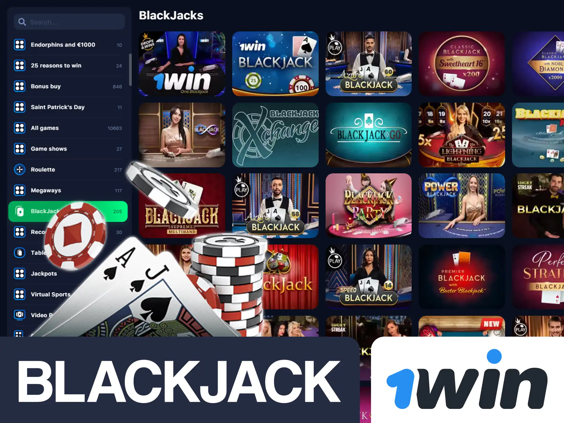 Win huge amount of money by playing blackjack at 1win.