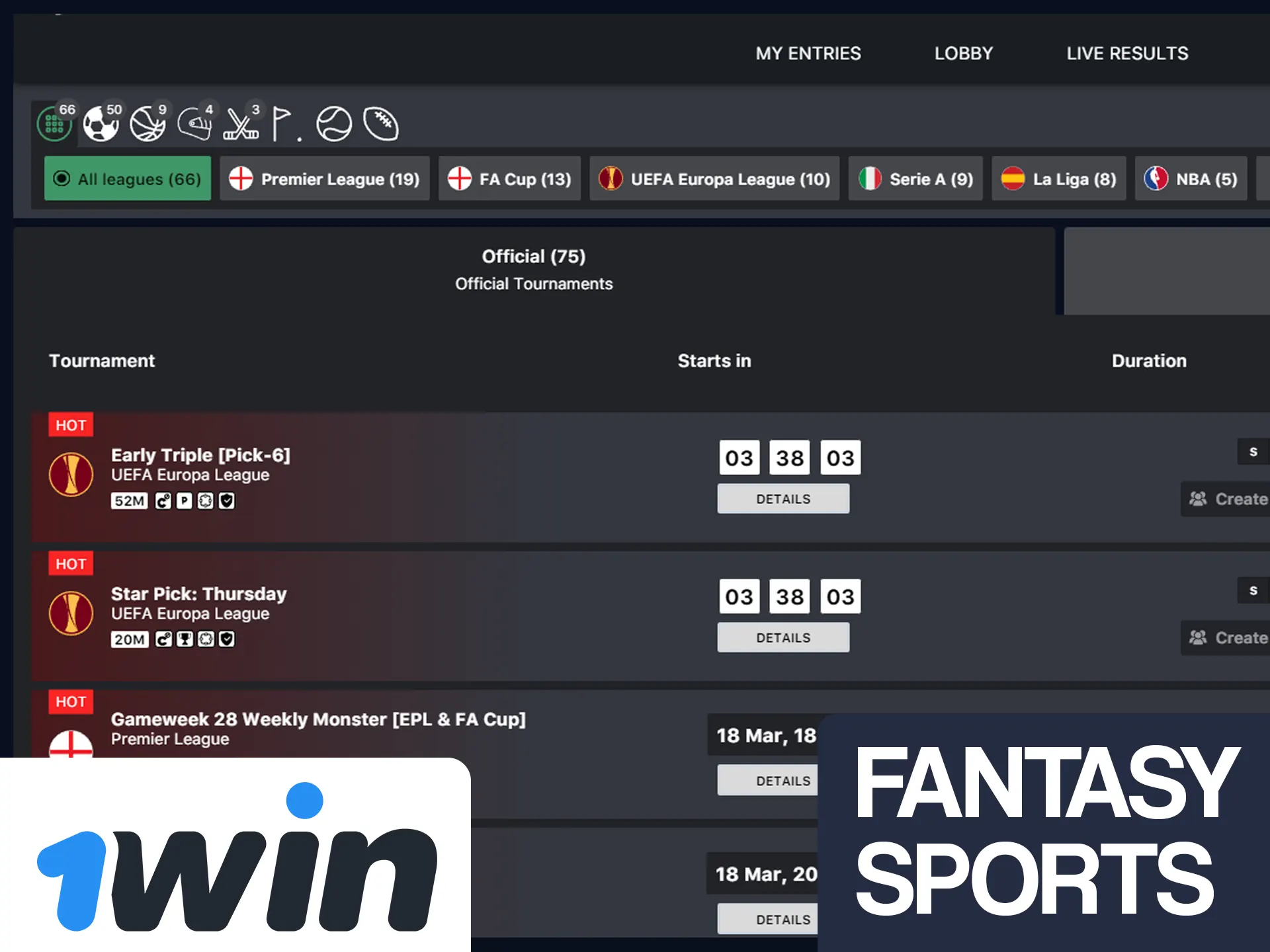 Bet on fantasy sports in league format at 1win.