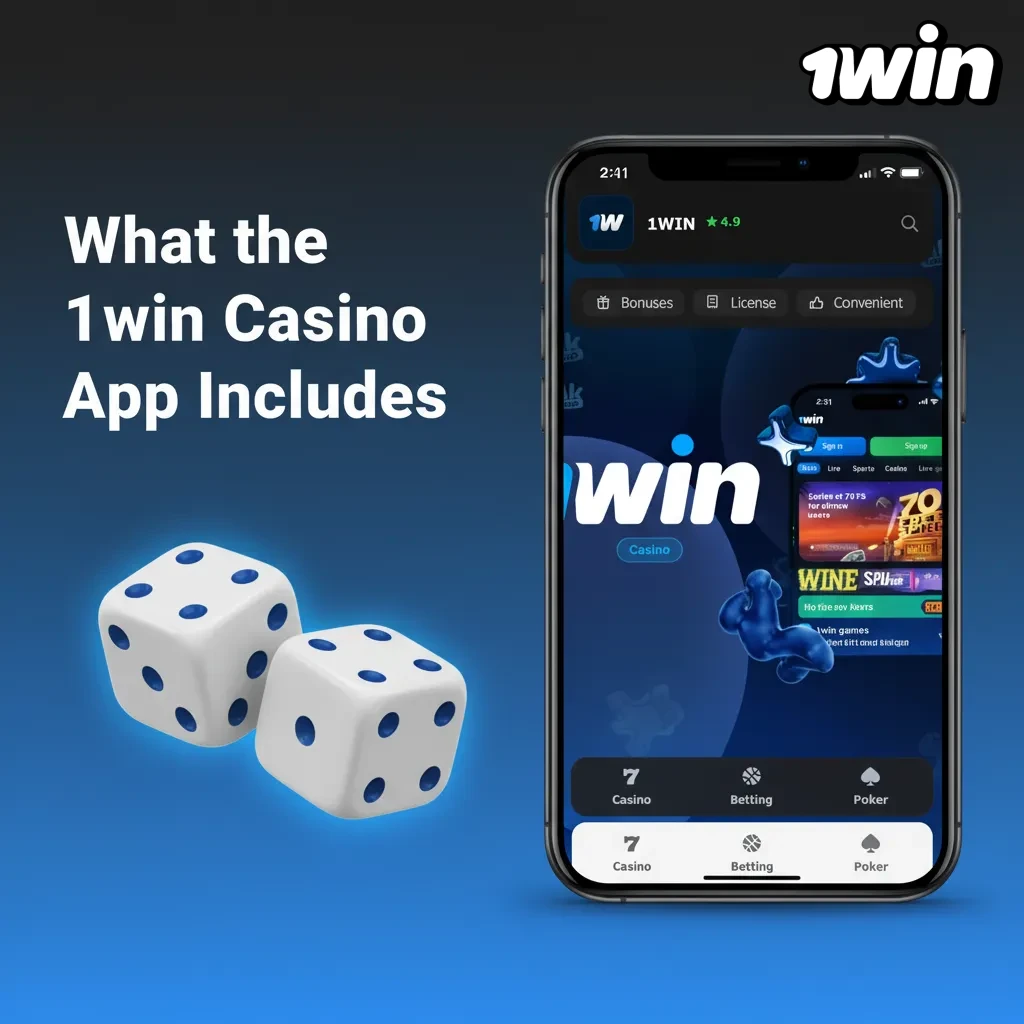 1win app home screen with casino section, quick switch from sports, slots and tables, live dealers, and Promotions tab.