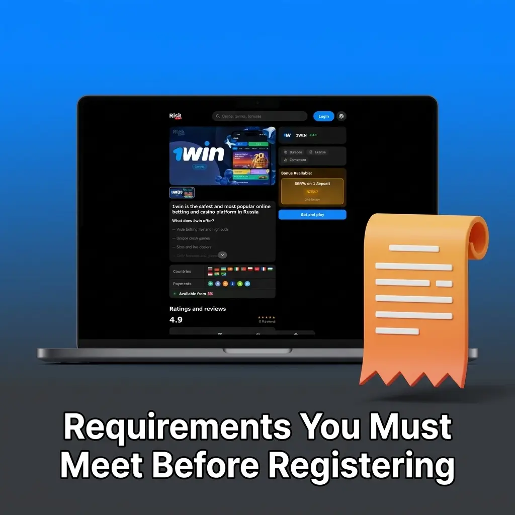 Checklist of registration requirements including age limit, one account rule, and responsible gambling acknowledgement